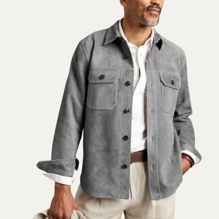 Men's Suede Overshirt with Button Front and Chest Pockets