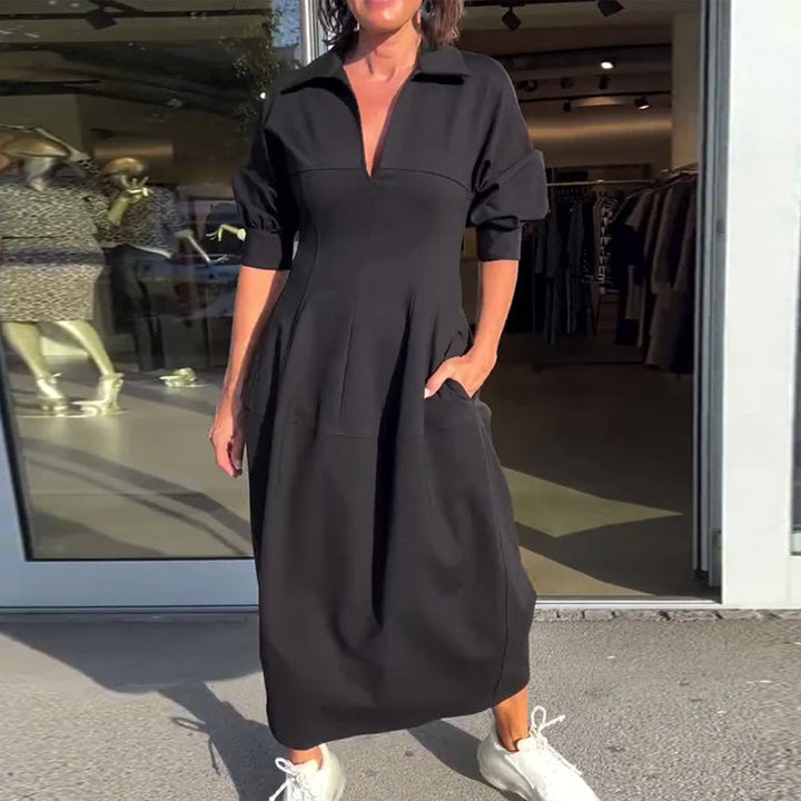 Women's Black Midi Shirt Dress with Pockets
