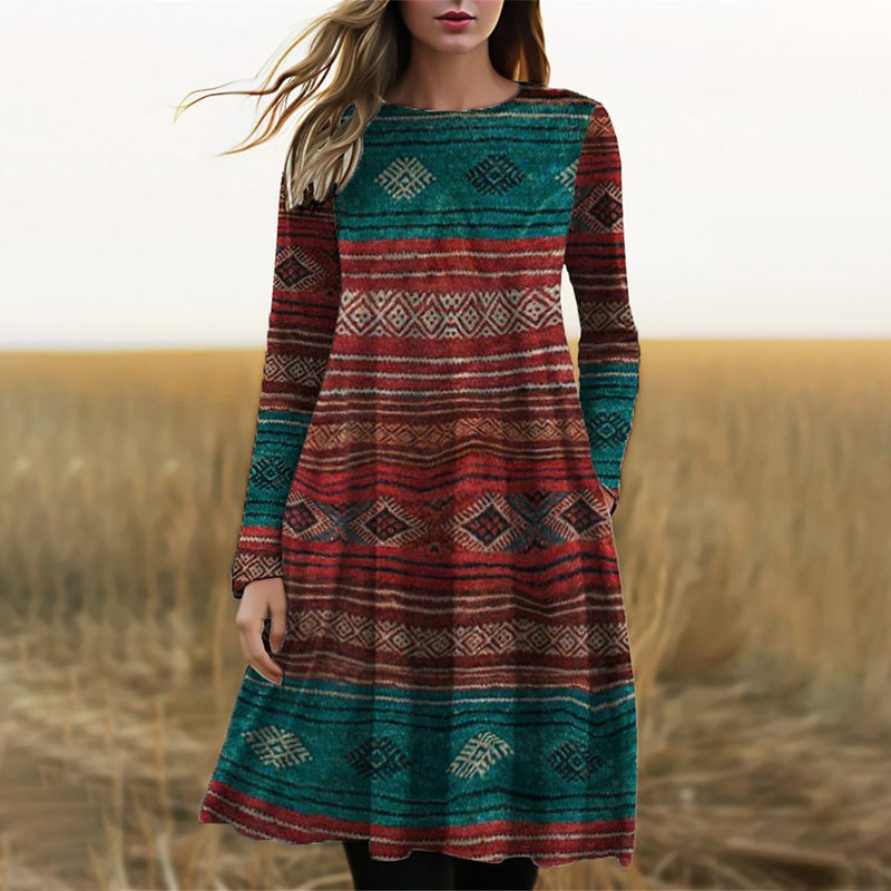 Women's Long-Sleeve Dress with Geometric Pattern