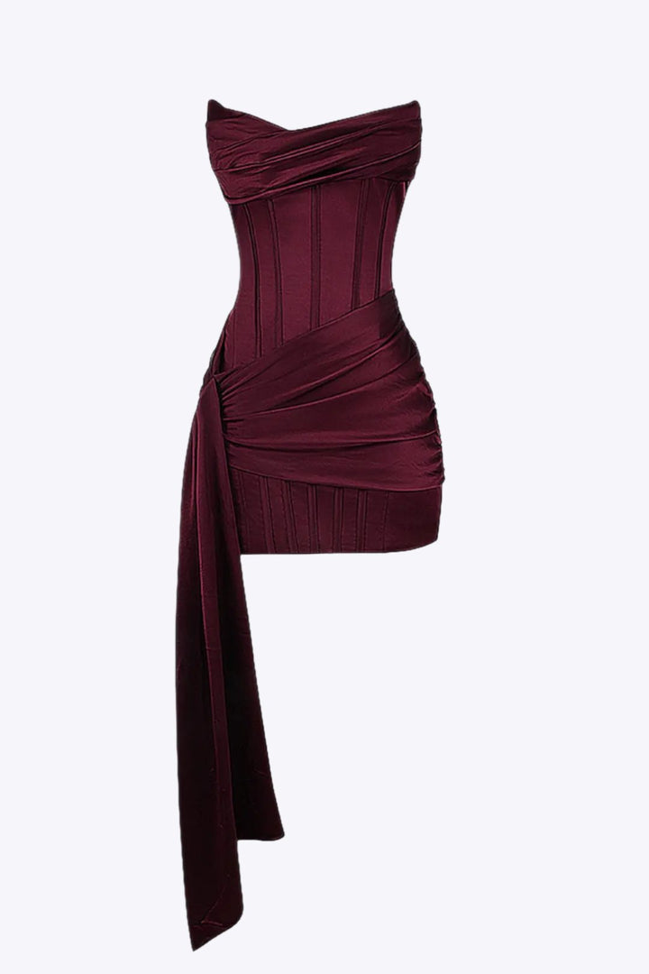 Burgundy Draped Strapless Dress for Women