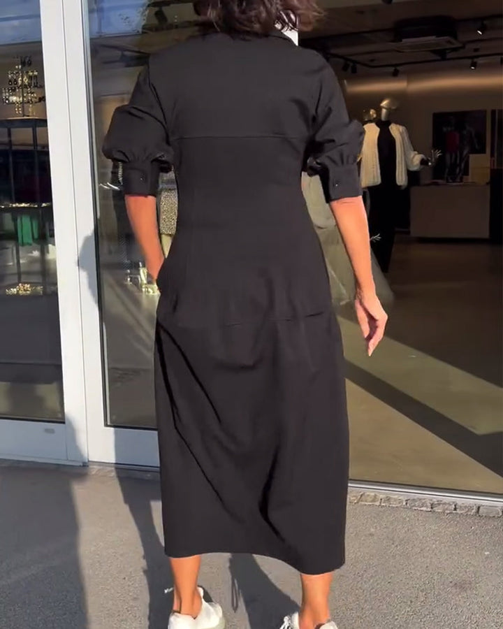 Women's Black Midi Shirt Dress with Pockets