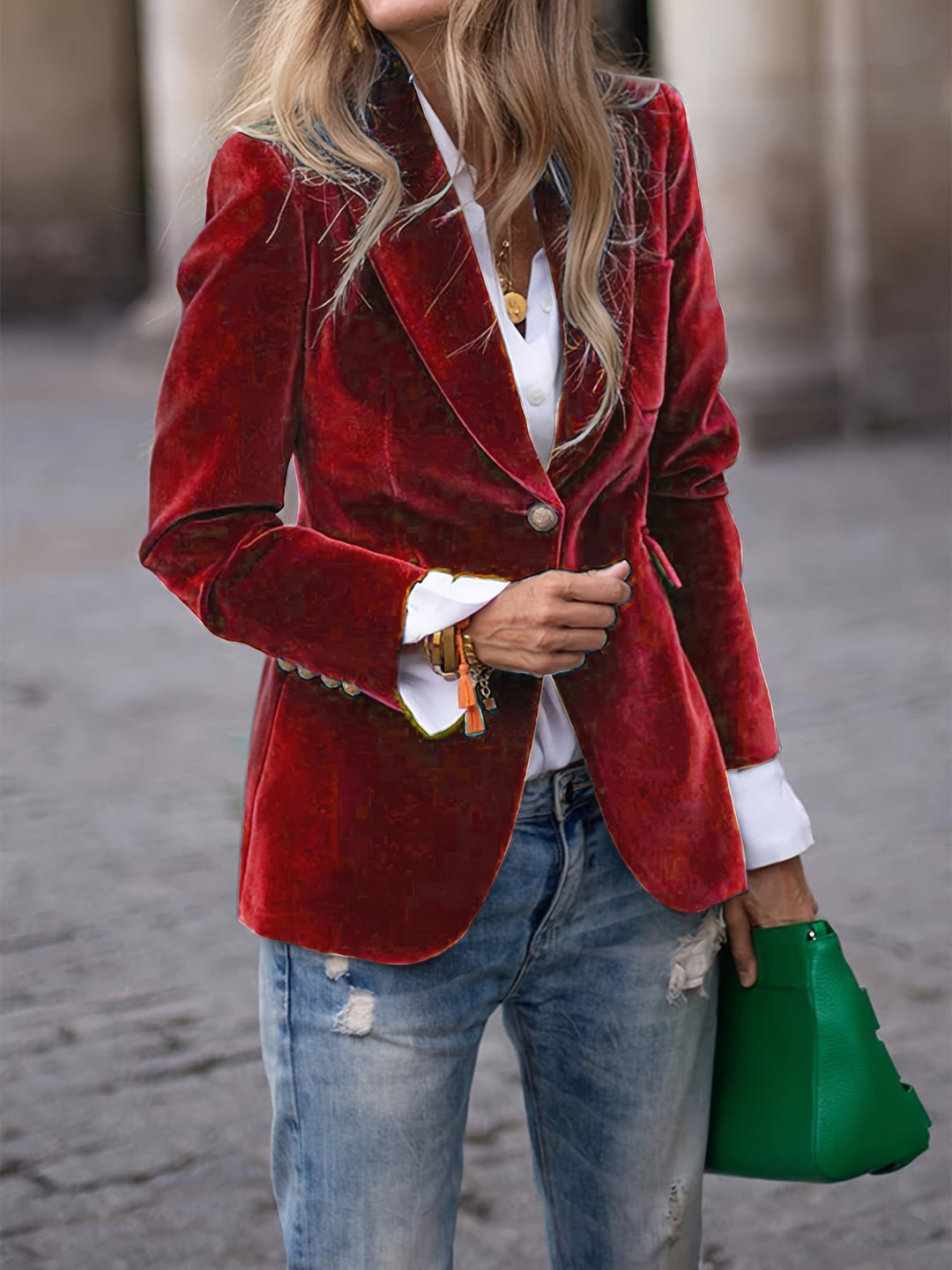Elegant Velvet Blazer with Gold Button Details - Modern Luxury Style