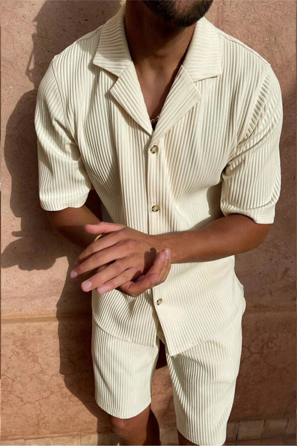 Textured Men’s Short Sleeve Shirt and Shorts Summer Outfit Set