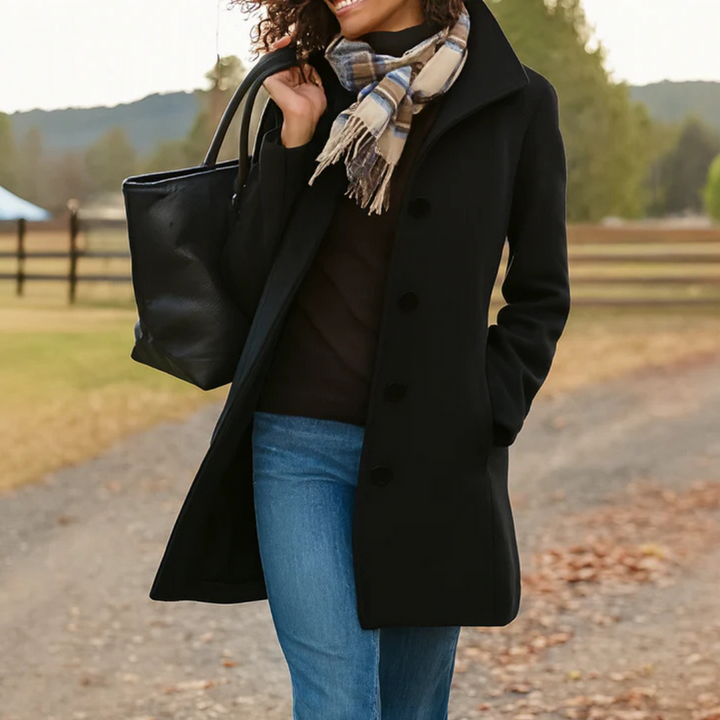 Women's Longline Wool Coat with Tailored Collar – Black