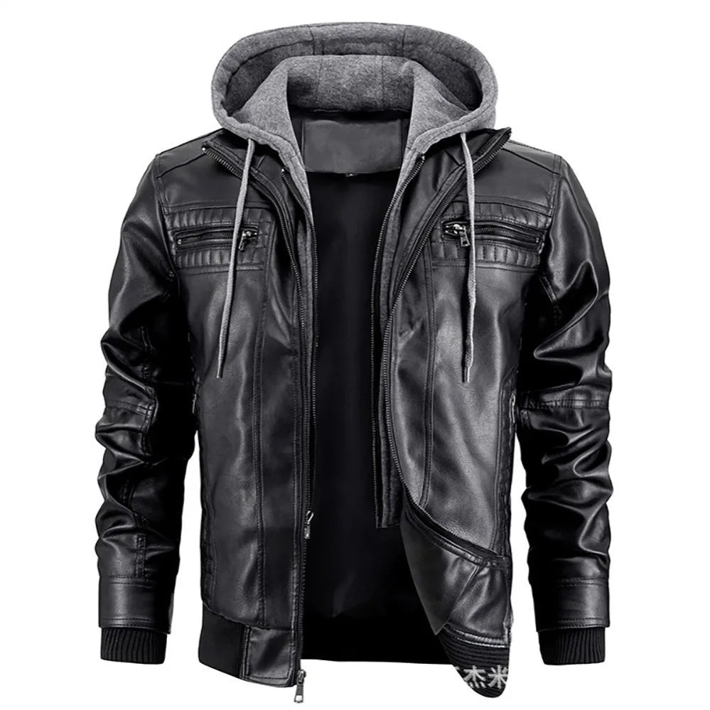 Men's Leather Look Winter Coat with Hood