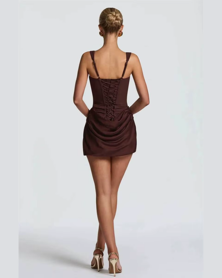 Draped Mini Dress with Square Neck and Ruched Skirt