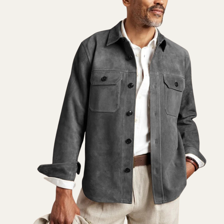 Men's Suede Overshirt with Button Front and Chest Pockets