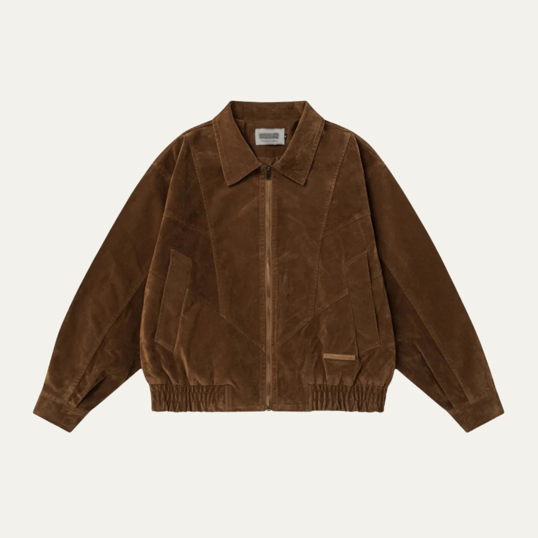 Men's Suede Bomber Jacket with Zip Front and Side Pockets
