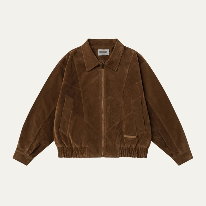 Men's Suede Bomber Jacket with Zip Front and Side Pockets