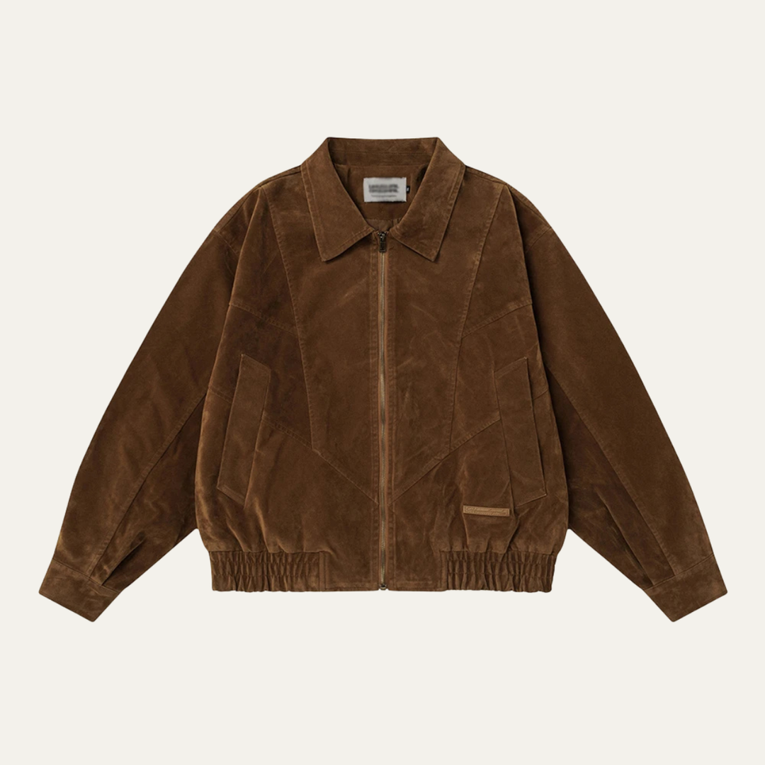 Men's Suede Bomber Jacket with Zip Front and Side Pockets