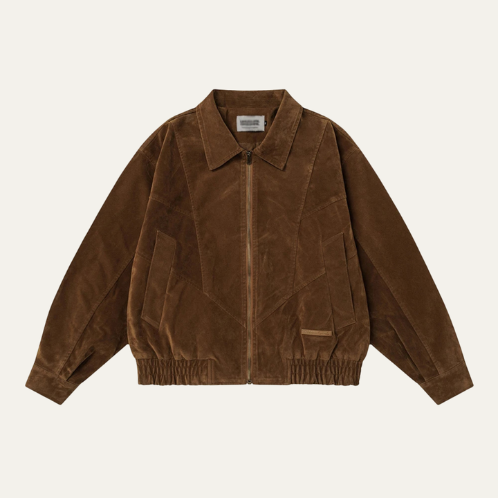 Men's Suede Bomber Jacket with Zip Front and Side Pockets