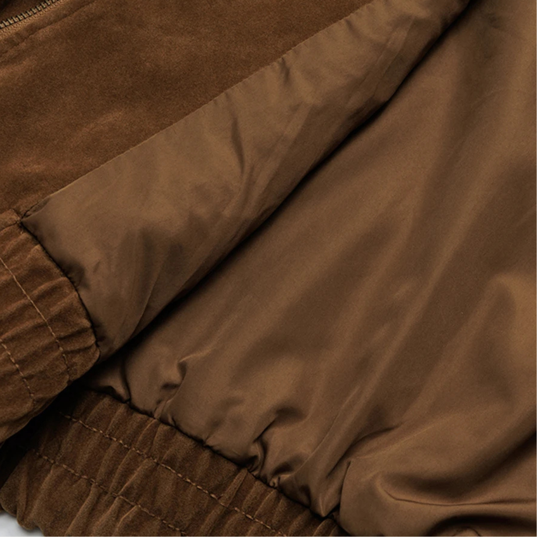 Men's Suede Bomber Jacket with Zip Front and Side Pockets