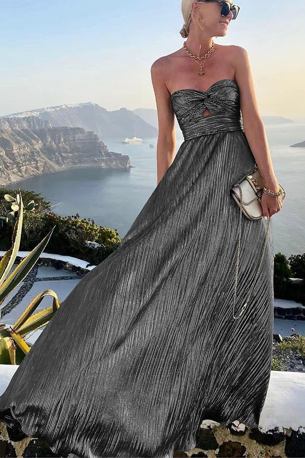 Celeste - Women’s Strapless A-Line Evening Gown with Pleated Metallic Finish