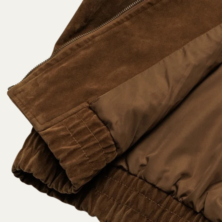 Men's Suede Bomber Jacket with Zip Front and Side Pockets