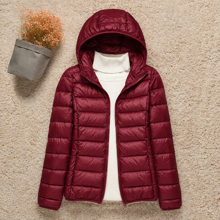Carlo - Women's Puffer Jacket with Hood - Wine Red