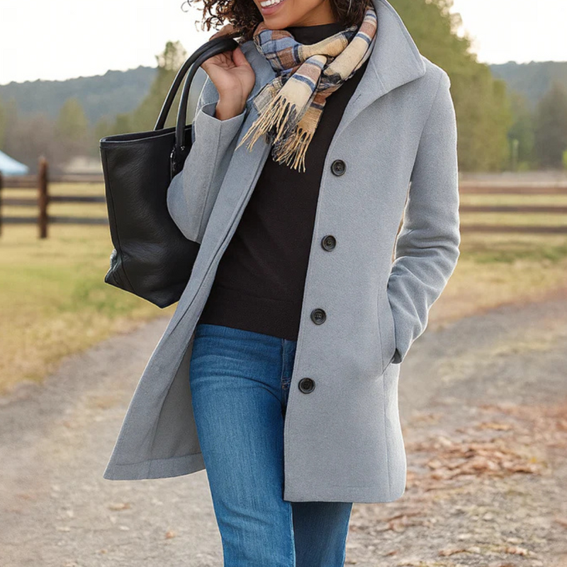 Women's Longline Wool Coat with Tailored Collar – Light Grey