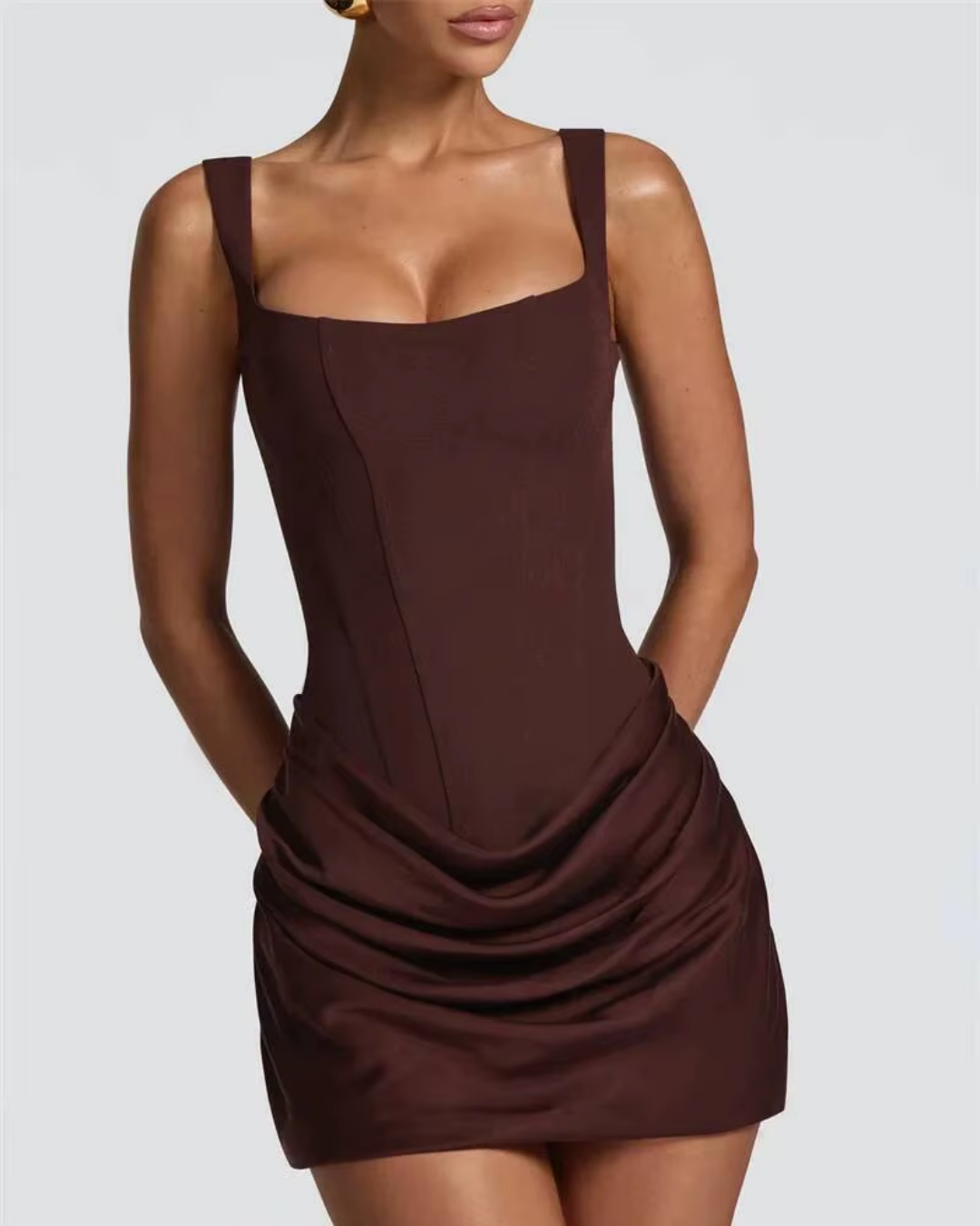 Draped Mini Dress with Square Neck and Ruched Skirt