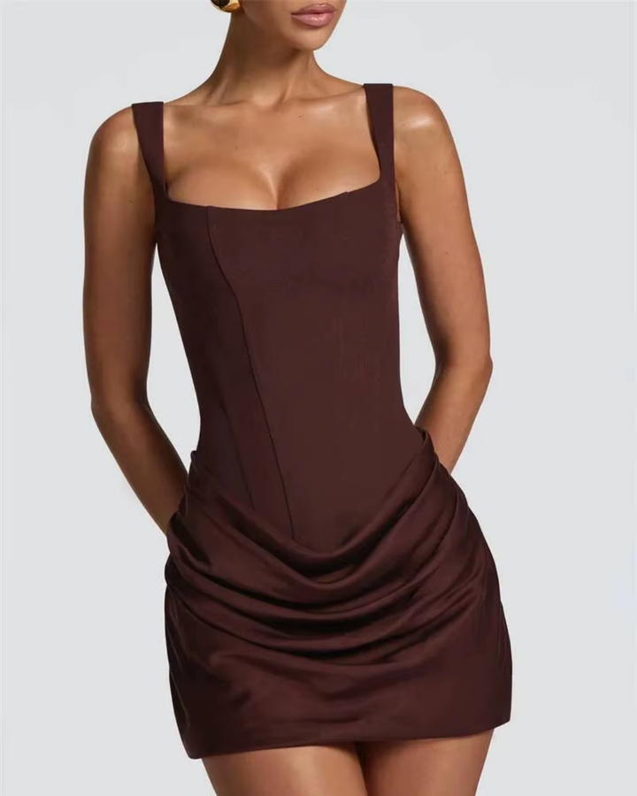 Draped Mini Dress with Square Neck and Ruched Skirt
