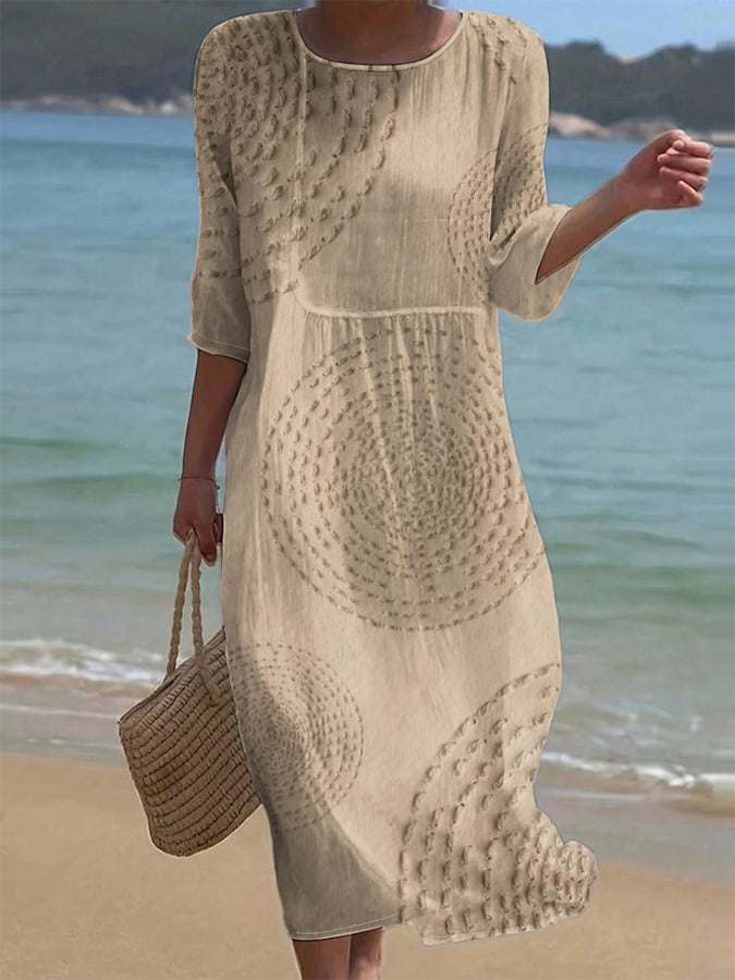 Women's Textured Midi Dress with Crew Neck and 3/4 Sleeves
