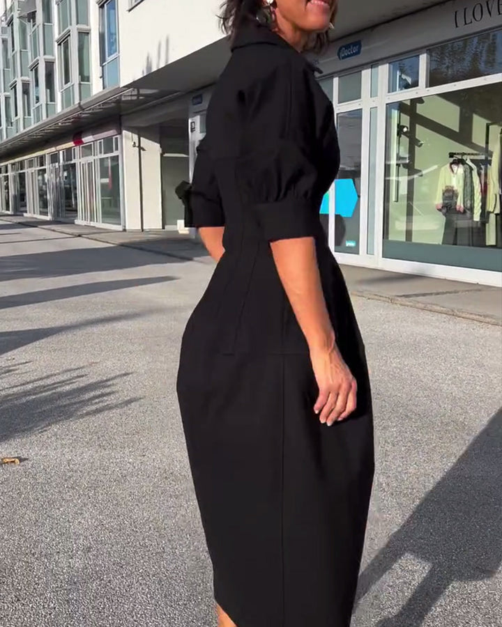 Women's Black Midi Shirt Dress with Pockets
