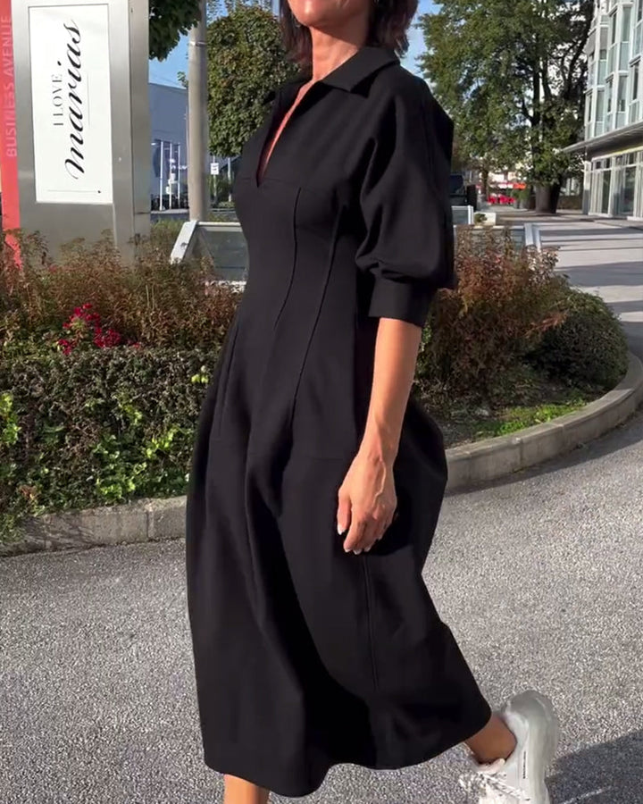 Women's Black Midi Shirt Dress with Pockets