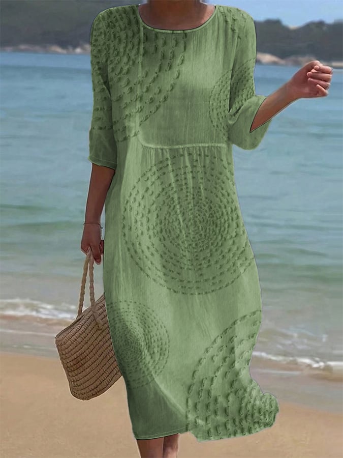 Women's Textured Midi Dress with Crew Neck and 3/4 Sleeves