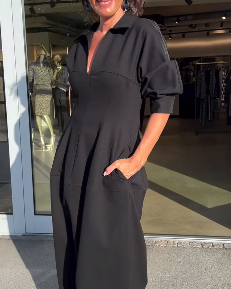 Women's Black Midi Shirt Dress with Pockets