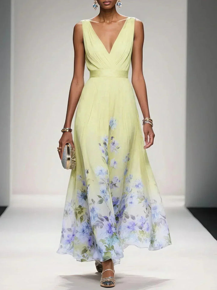 Elegant Floral Women’s Maxi Dress with Pleated Bodice