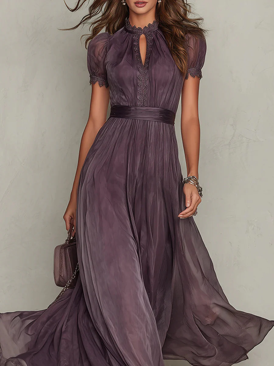 Women's Plum High Neck Maxi Dress with Puff Sleeves