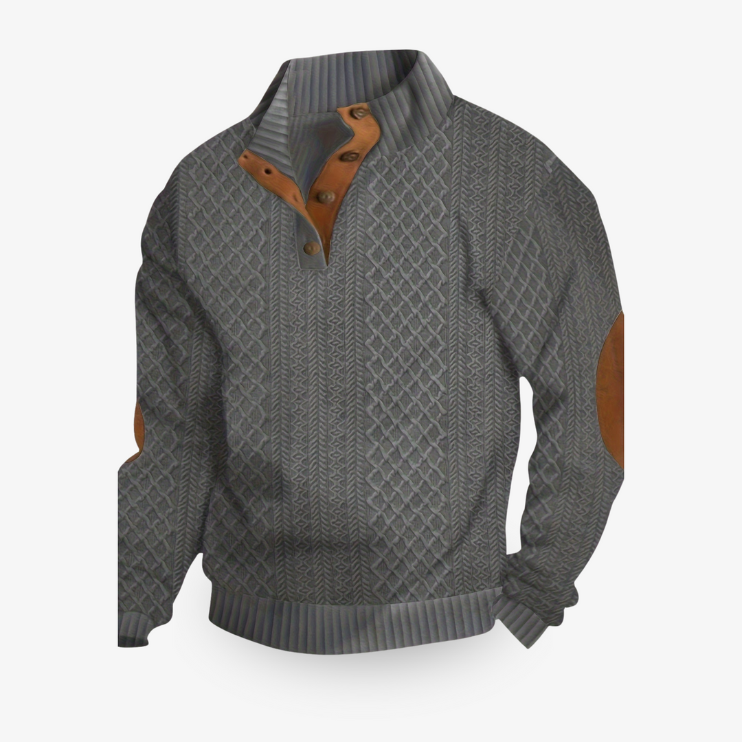 Beige cable knit sweater with leather elbow patches
