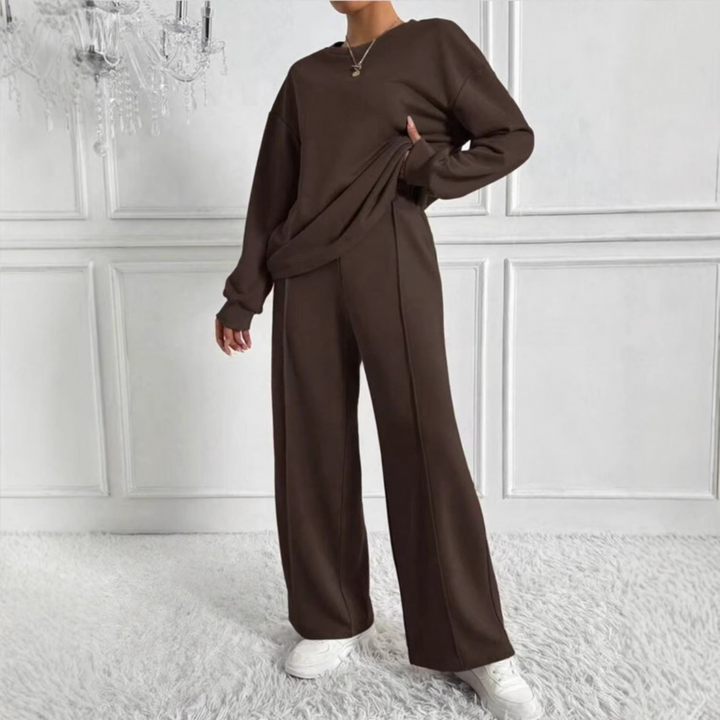 Women's High-Waisted Long Sleeve Two-Piece Set – Brown