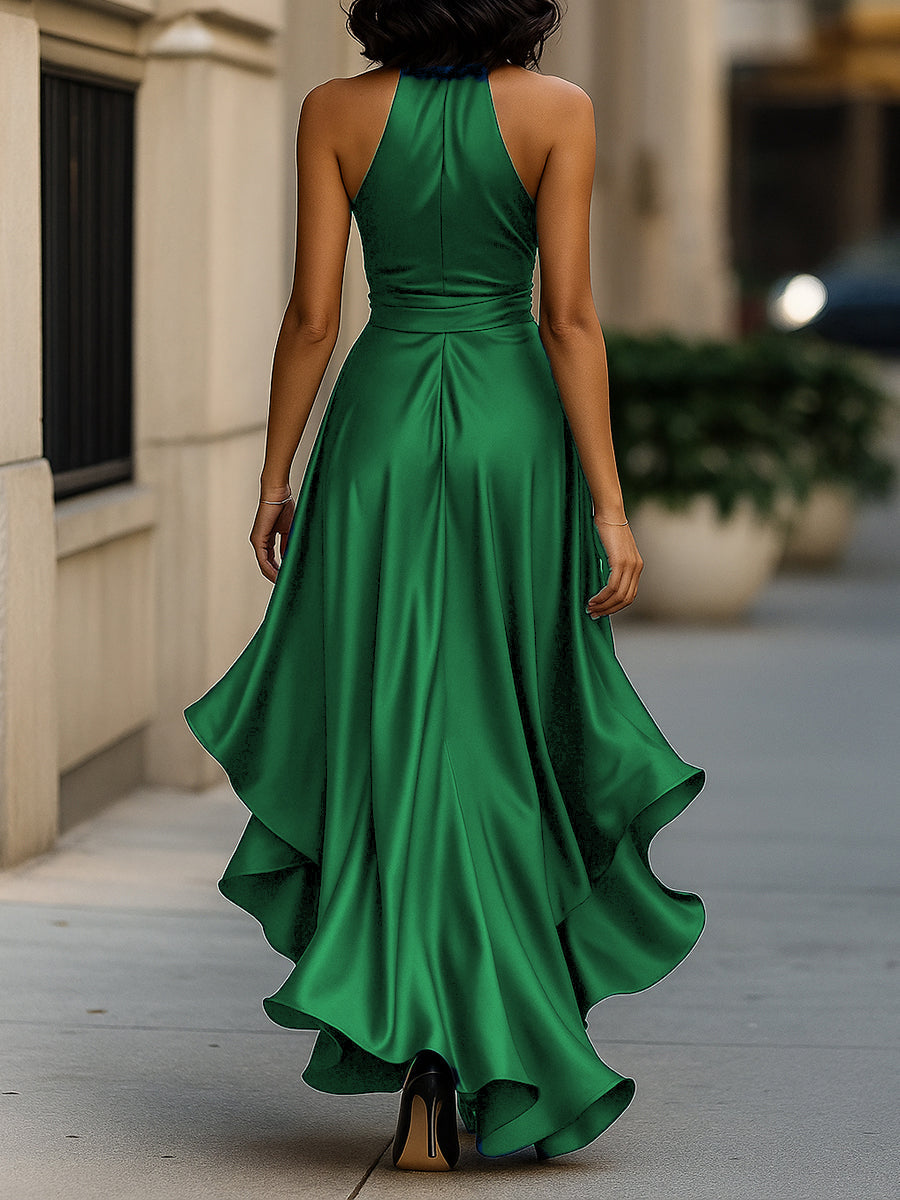 Women's Satin Halter Neck Ruffle Gown with High-Low Hem