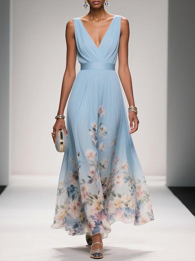 Elegant Floral Women’s Maxi Dress with Pleated Bodice