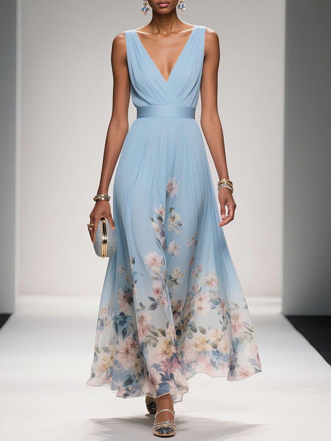 Elegant Floral Women’s Maxi Dress with Pleated Bodice