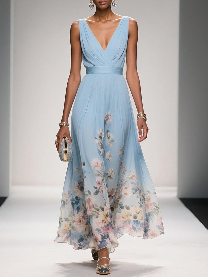 Elegant Floral Women’s Maxi Dress with Pleated Bodice