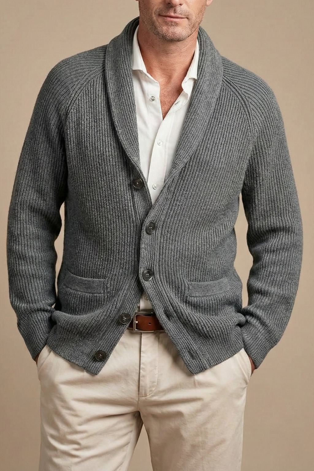 Men’s Knitted Cardigan with Shawl Collar and Button Front