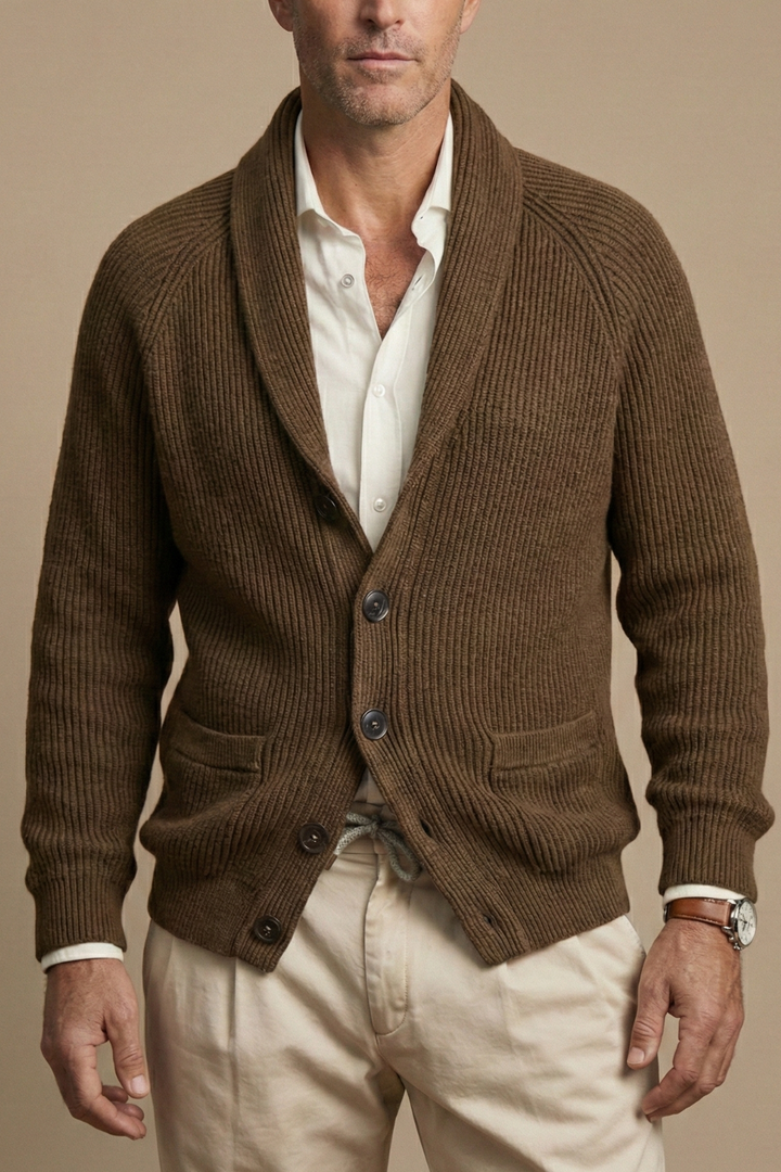 Men’s Knitted Cardigan with Shawl Collar and Button Front