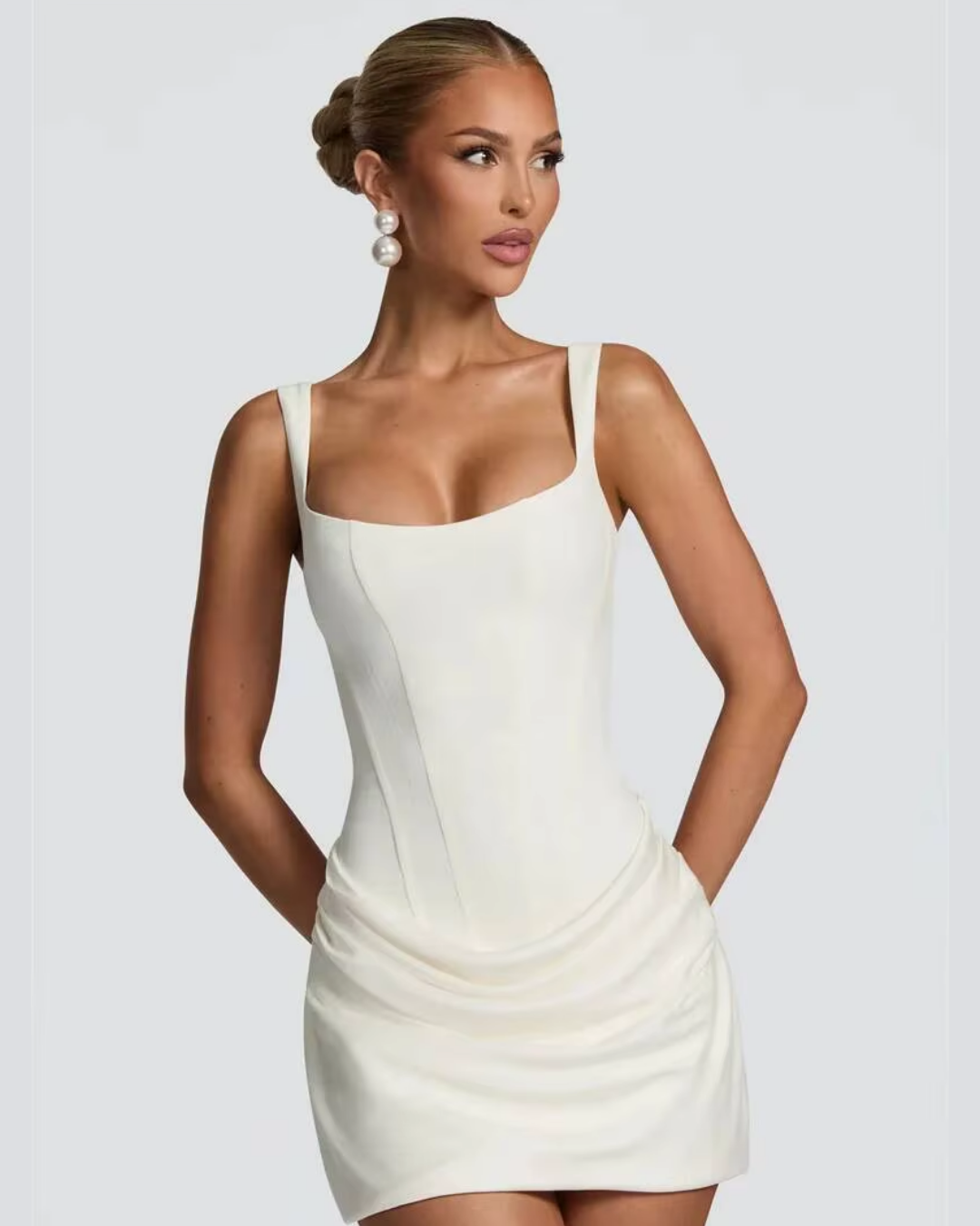 Draped Mini Dress with Square Neck and Ruched Skirt