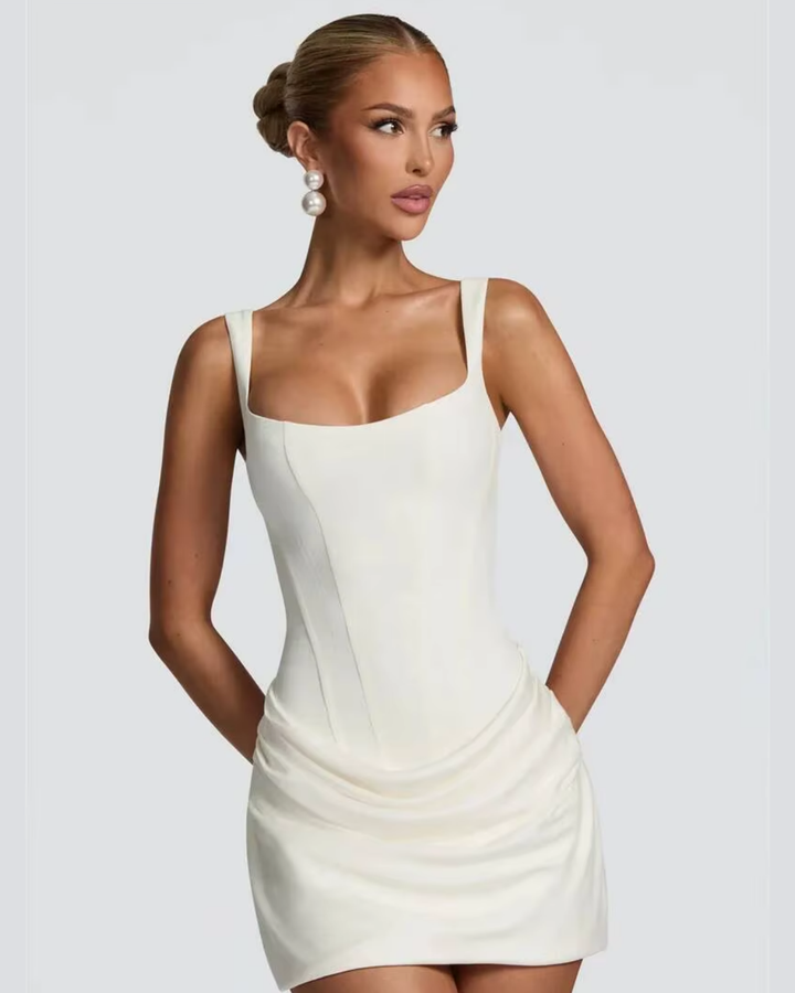 Draped Mini Dress with Square Neck and Ruched Skirt