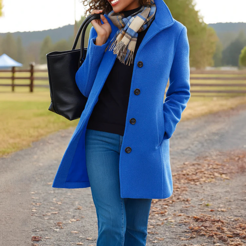 Women's Longline Wool Coat with Tailored Collar – Blue