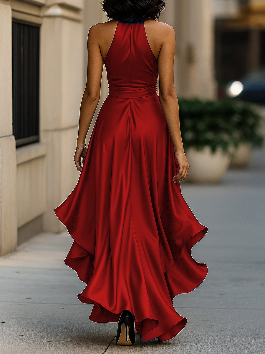 Women's Satin Halter Neck Ruffle Gown with High-Low Hem