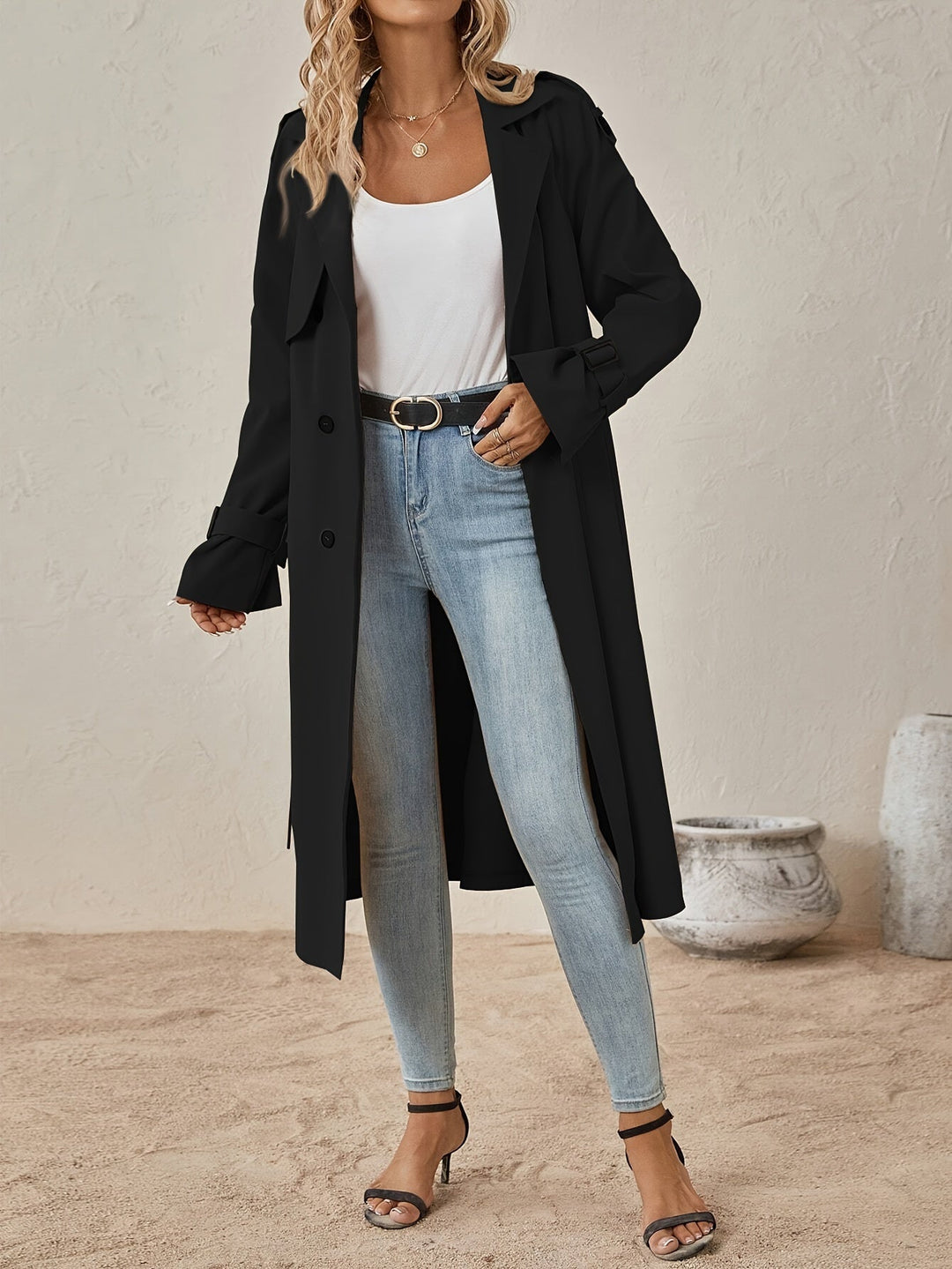 Eshita Trench pour femme – Manteau long élégant en mélange de coton avec coupe structurée & fermeture à boutons