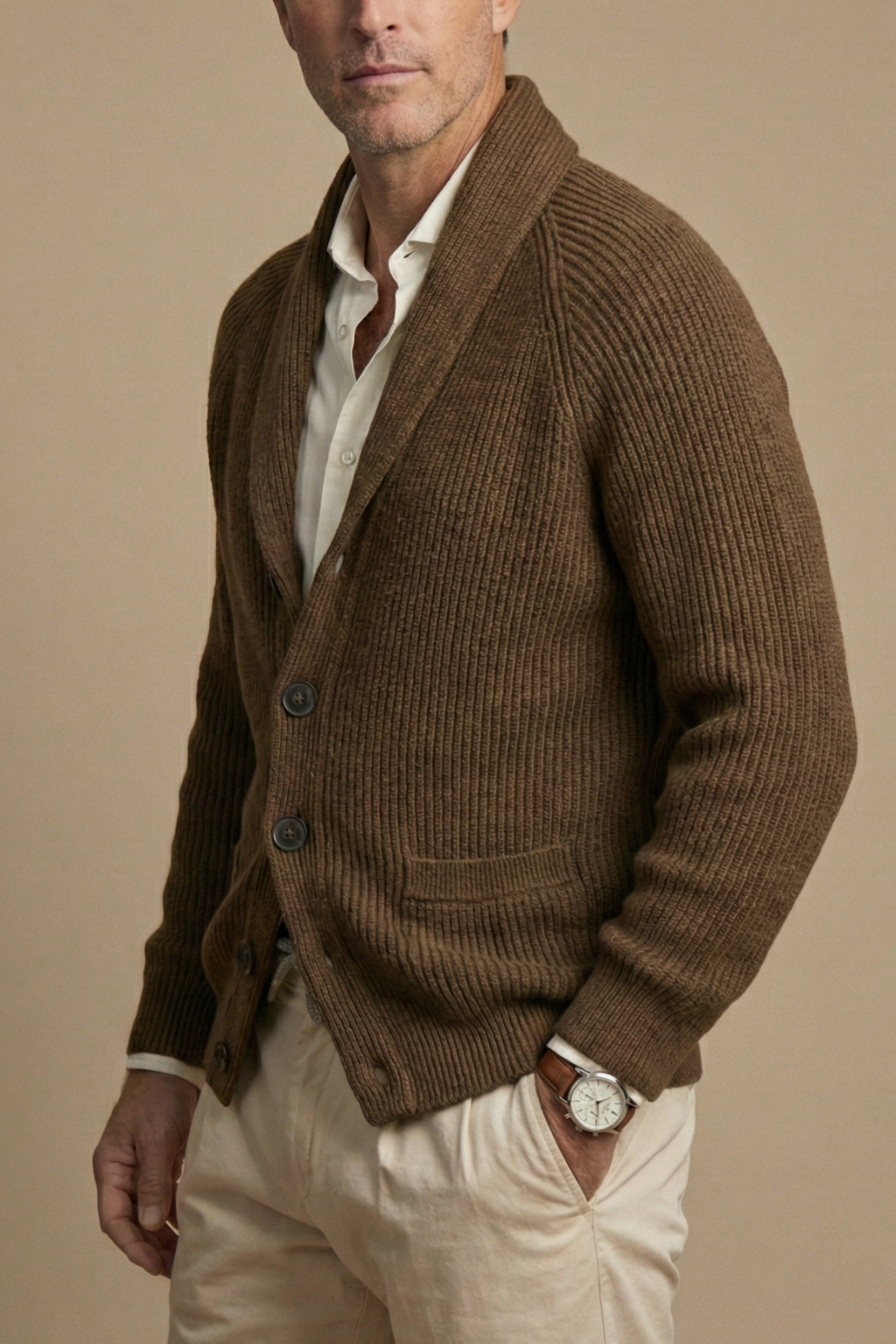 Men’s Knitted Cardigan with Shawl Collar and Button Front