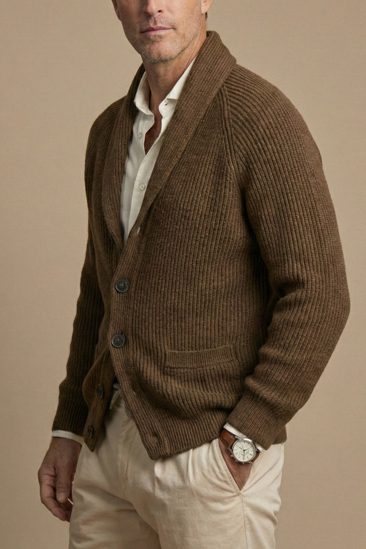 Men’s Knitted Cardigan with Shawl Collar and Button Front