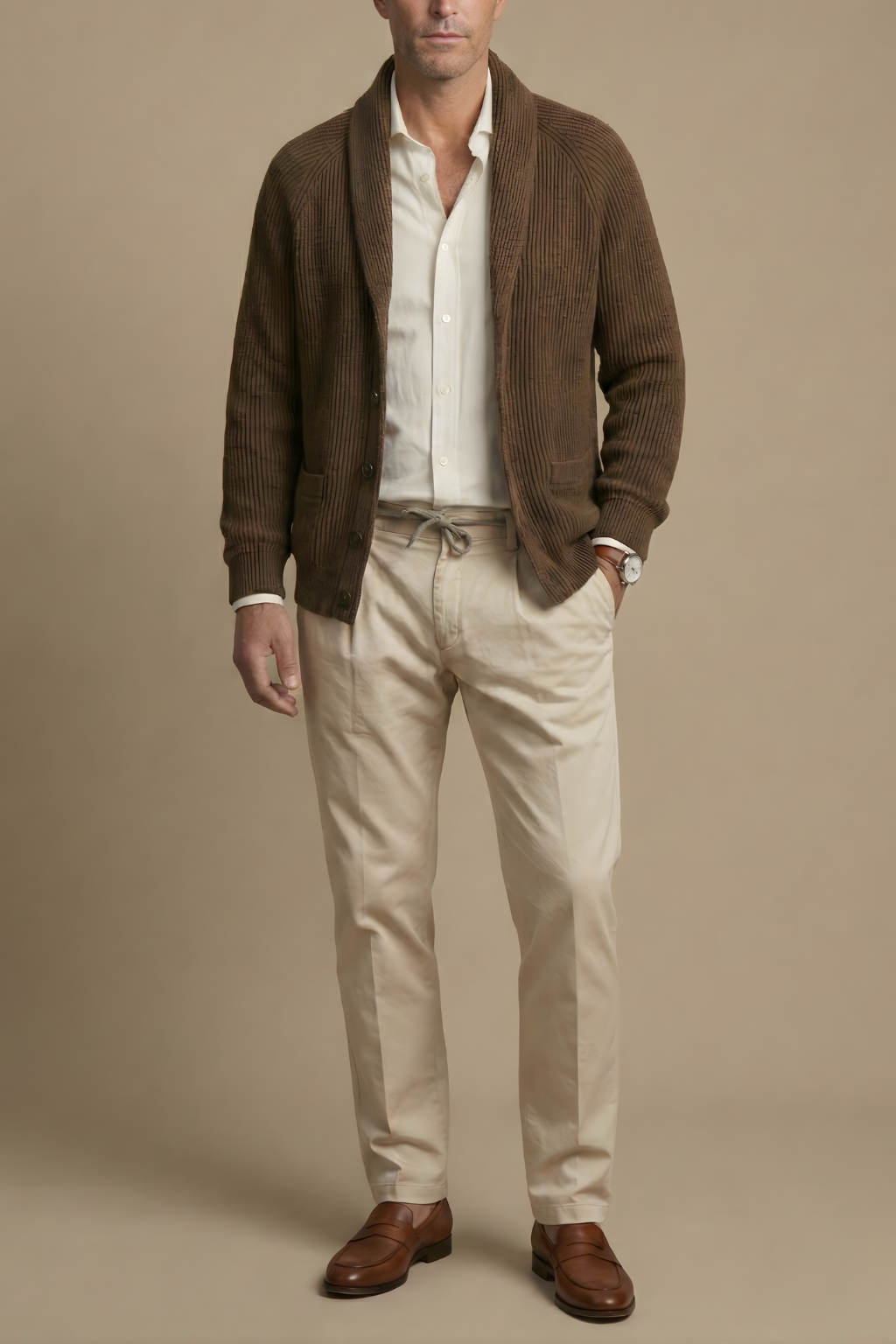 Men’s Knitted Cardigan with Shawl Collar and Button Front