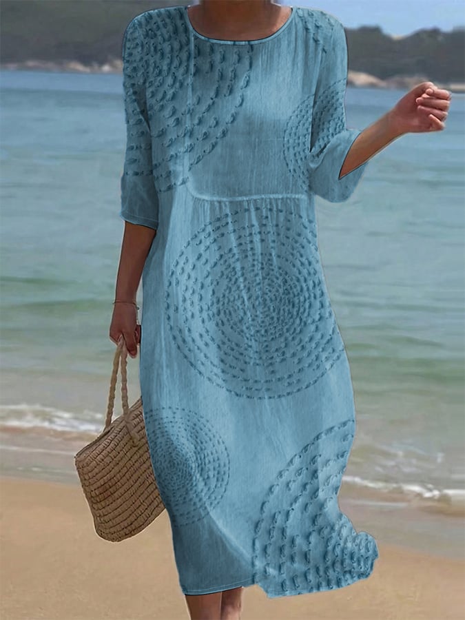 Women's Textured Midi Dress with Crew Neck and 3/4 Sleeves