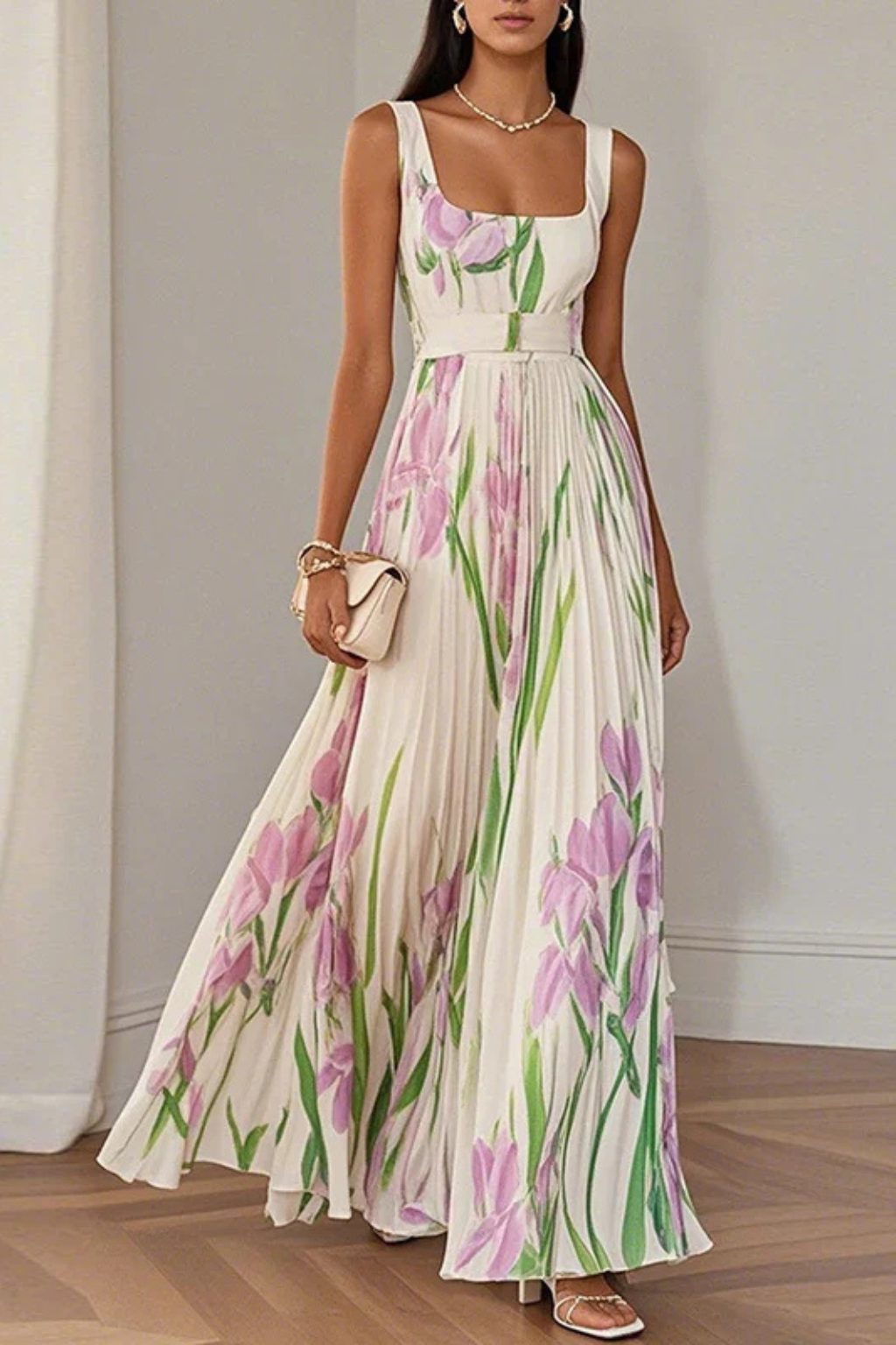 Women's Multicoloured Square Neck Pleated Maxi Dress