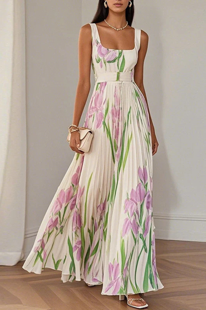 Women's Multicoloured Square Neck Pleated Maxi Dress