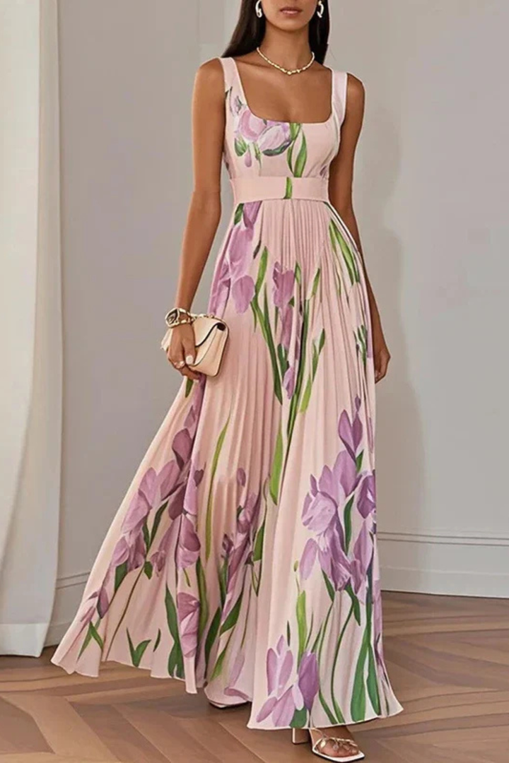 Women's Multicoloured Square Neck Pleated Maxi Dress