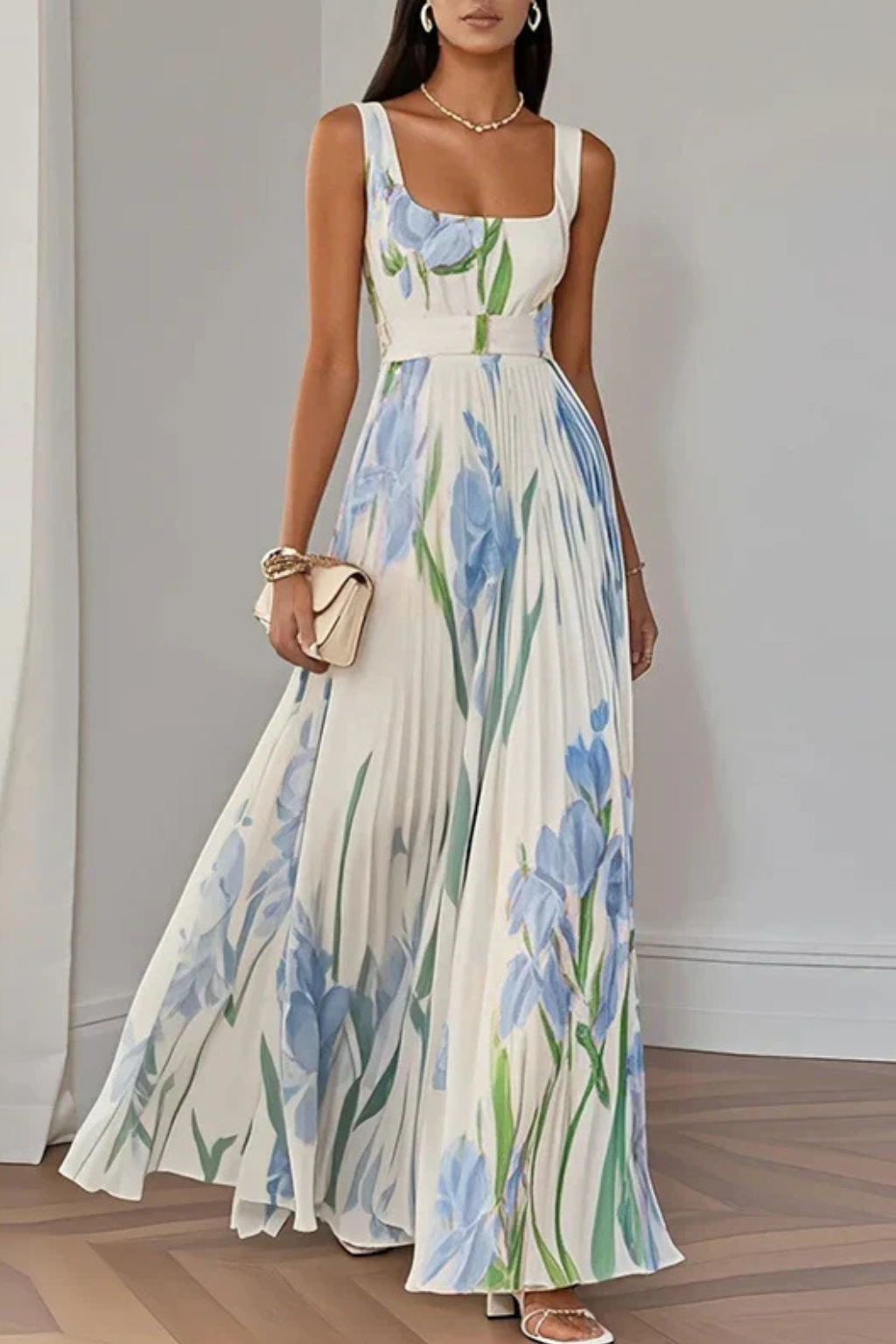 Women's Multicoloured Square Neck Pleated Maxi Dress